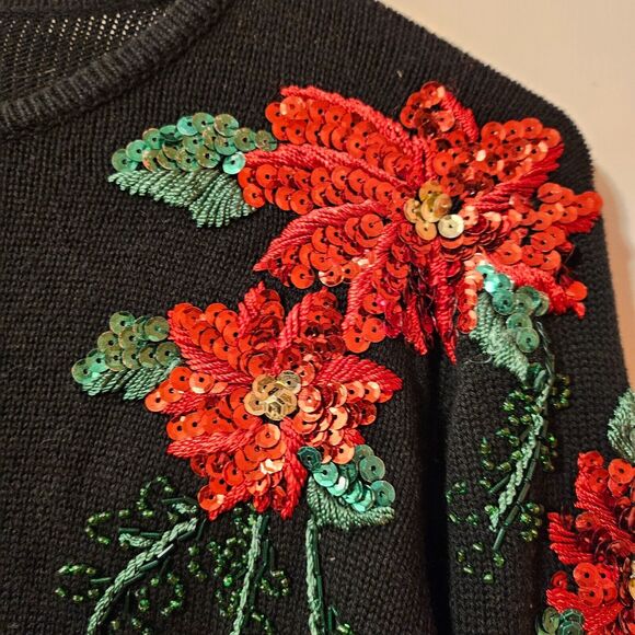 Poinsettia Sequin Cardigan Sweater Quacker Factory Black Christmas Small - Picture 5 of 9